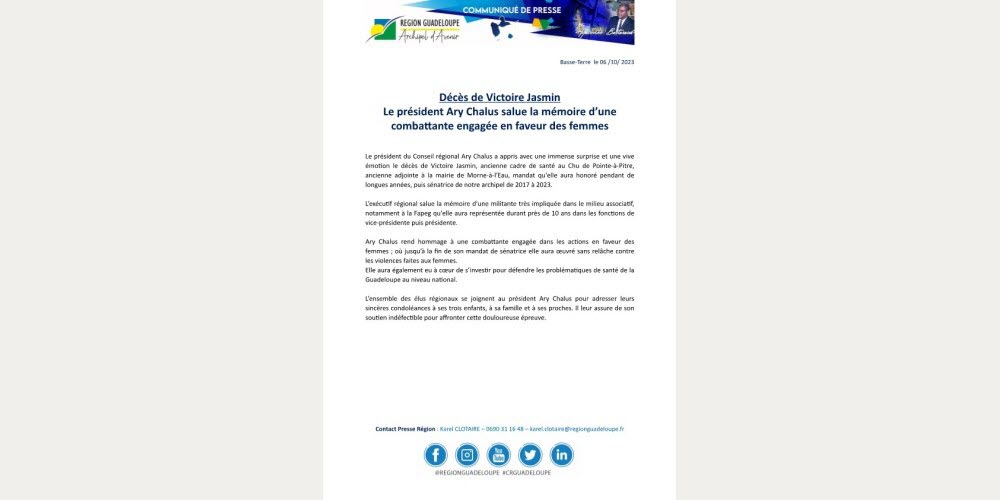 Communiqué de presse de la région Guadeloupe