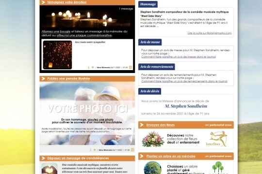 Rechercher par le nom et le prénom de la personne puis, sur la page commémorative, honorez la mémoire du défunt en laissant un témoignage d'affection, de réconfort et de sympathie (un texte, une photo, une bougie virtuelle, une étoile, une citation, un souvenir ou des pensées). Vous pouvez également publier des cartes ou plaques commémoratives ornées d'un texte modèle adapté à copier